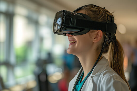 Healthcare professionals utilise virtual reality in they everyday work. Caucasian female doctor is using virtual reality headset in her work and smiling. 