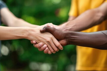 Handshake of people of different races, close up photo. Generative AI