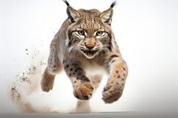 Obraz premium Lynx leaping toward the camera on a white background, feline front portrait.