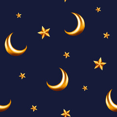 Watercolor seamless pattern with Islamic arabian golden crescent moons and stars on illustration isolated on background. Muslim golden hand drawn holiday Ramadan Kareem or Eid Al Adha 2024. 