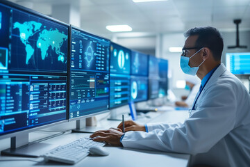 Utilization of big data analytics in healthcare. Older caucasian man wearing a facemark is analysing big data for his research. Male doctor is working on a computer and examine the results of his test - obrazy, fototapety, plakaty