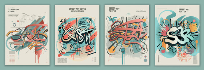 Abstract street art grunge graffiti style poster with letter spray scribbles paint splashes and ink stains. Set and collection of modern covers with urban designs - obrazy, fototapety, plakaty