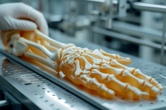 Visuals portraying the implementation of 3D printing an arm. Creating 3D prosthetics for future treatment of patients with disability. Futuristic equipment printing arm replacement treatment .