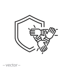 shield with three hands support each other, concept of safety teamwork, protect business group, icon vector illustration