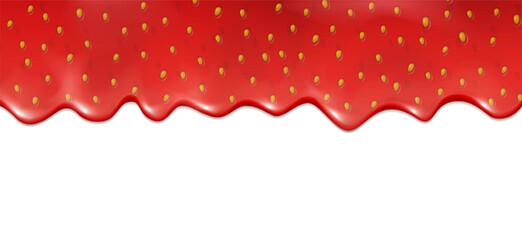 3d realistic vector illustration. Strawberry jam driping, liqud flowing on white background.