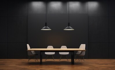 modern interior design office hall with conference table, wooden floor and dark wall background