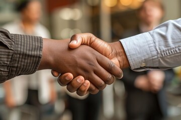 Handshake of people of different races, close up photo. Generative AI