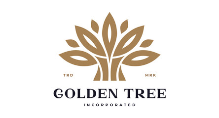 Tree Label, Sign, Logo Oak, Olive Eco Brand. Logo gold tree template company sign, organic eco heraldic icon. Graphic template emblem life symbol, silhouette tree logotype. Vector Illustration