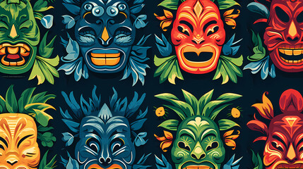 Tiki Vibes: Exotic Masks, Tropical Motifs - obrazy, fototapety, plakaty