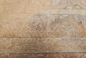 Bulls in bas-relief inside a tomb in Saqqara, Egypt