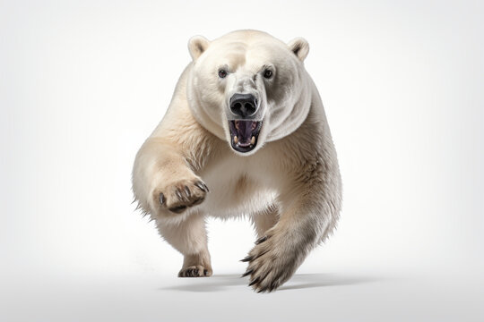 Polar Bear leaping toward the camera on a white background, animal front portrait.