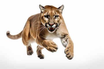 Obraz premium Mountain Lion leaping toward the camera on a white background, feline front portrait.