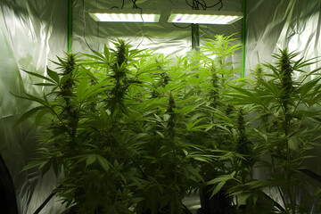 Indoor Cannabiskultur: Farbenprächtige Growbox mit reifen Cannabispflanzen