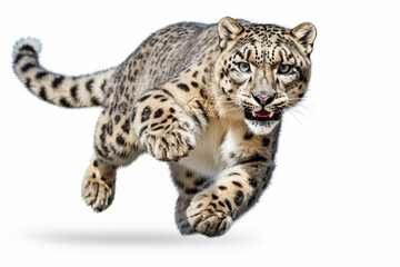 Obraz premium Snow Leopard leaping toward the camera on a white background. Beautiful feline front portrait