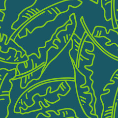Banana plant leaves pattern for textile design, fabric print, wallpaper, digital paper. Palm tree leaf background, jungle vintage style, hand drawn illustration for spa salon, cafe, hotel decoration.