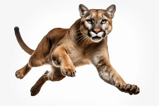 Mountain Lion leaping toward the camera on a white background, feline front portrait.