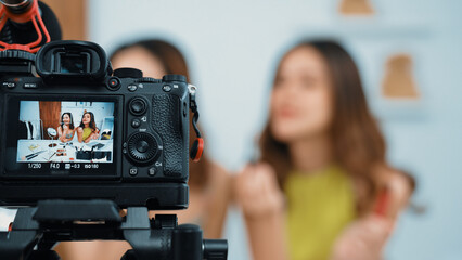 Two influencer partner shoot live streaming vlog video review makeup social media or blog. Happy...