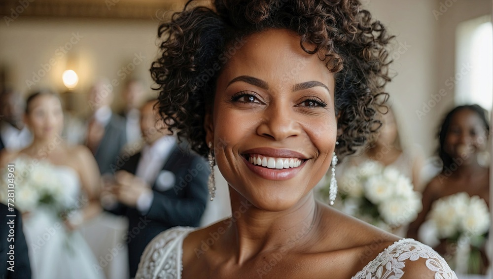 Wall mural close-up selfie of an elegant middle-aged black woman with curly hair at a wedding, her smile beamin - Wall murals