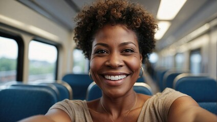 Close-up selfie of a radiant middle-aged black woman with short curly hair aboard a train, her smile engaging and warm.