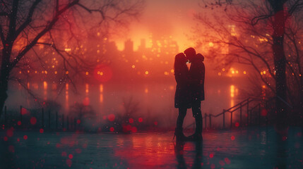 Fototapeta premium Love in the city: a silhouette of couple kissing passionately with the city lights below