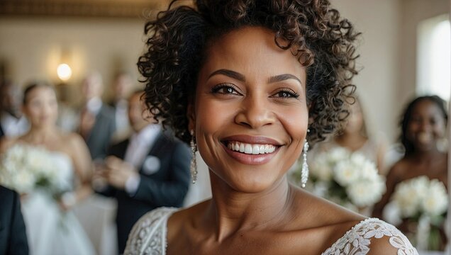 Close-up selfie of an elegant middle-aged black woman with curly hair at a wedding, her smile beaming with happiness.
