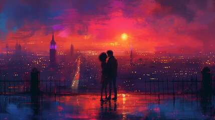 Fototapeta premium An intimate moment between lovers as they kiss against enchanting night city skyline