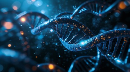 Luminous DNA strands on a dark blue background