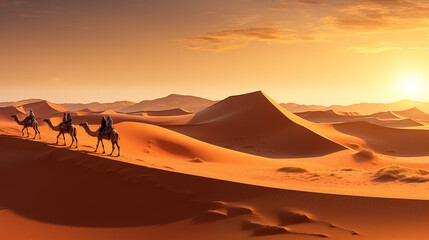 Fototapeta na wymiar Desert dunes landscape with distant camel riders