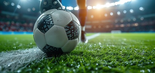 After game. Closeup soccer ball on grass of football field at crowded stadium - Powered by Adobe