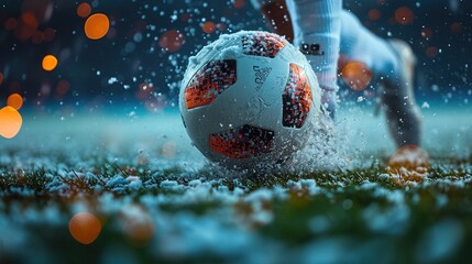 Close-up of a Leg in a Boot Kicking Football Ball. Professional Soccer Player Hits Ball - Powered by Adobe