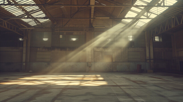 Old Empty Dusty Warehouse with Sunlight Streaming through Windows - Powered by Adobe