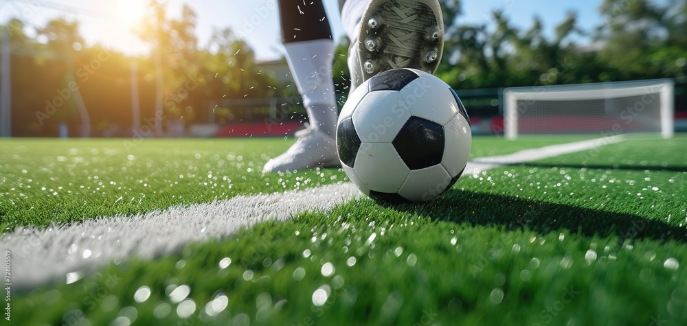 Wall mural After game. Closeup soccer ball on grass of football field at crowded stadium