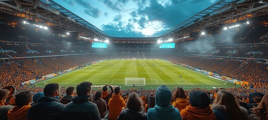Support. Back view of football, soccer fans at crowded stadium at evening time - obrazy, fototapety, plakaty