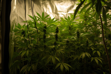 Indoor Cannabiskultur: Farbenprächtige Growbox mit reifen Cannabispflanzen