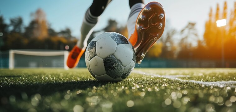 Close-up of a Leg in a Boot Kicking Football Ball. Professional Soccer Player Hits Ball
