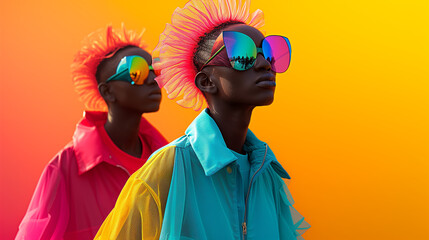 Fashion photography. The colors of the pink bird, two guys with sunglasses