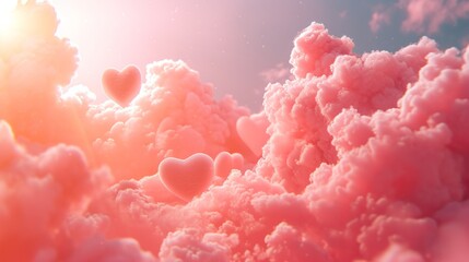 Beautiful background with pink clouds and hearts in sky.