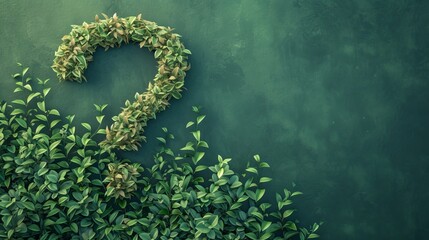 Question sign covered with green plants against green background - obrazy, fototapety, plakaty
