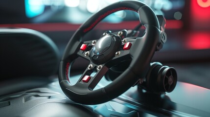 Realistic game steering wheel. Device for computer racing. Driving simulation. Concept for computer clubs, entertainment centers. Sale of game equipment. Store advertisement - obrazy, fototapety, plakaty