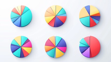 Segment slice set. Pie chart color icons. Circle section graph. 1,20,19,18,16,9 segment infographic. Wheel round diagram part. Three phase, six circular cycle. Geometric element. Vector illustratio