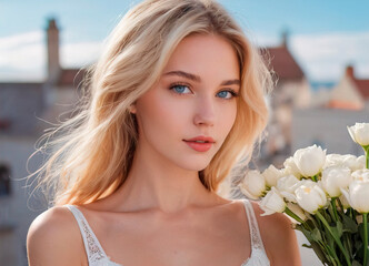 Ethereal Beauty: Model Portrait with White Flowers
