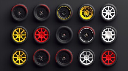 set collection black wheel red yellow white line compounds type soft tyre hard medium soft compound rubber logo symbol icon vector template strategy team principal isolated background - obrazy, fototapety, plakaty