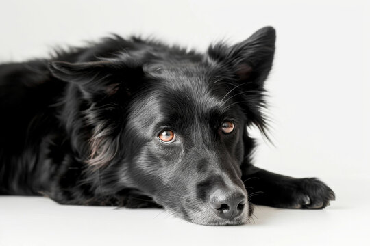 Black dog with a penetrating gaze lying down on a white background, showcasing a thoughtful expression. - Powered by Adobe