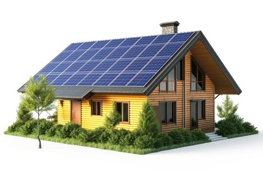 House with solar panels isolated on white background