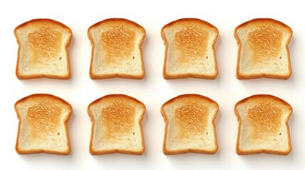 Set of sliced roasted toasts bread isolated on white background. Pieces of lightly toasted white bread. Close-up of toast. Top view. 3D realistic vector set