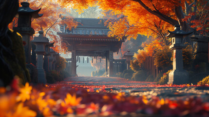 Beautiful and serene autumn Japanese scene with red and orange falling leaves