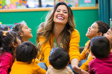 Fototapeta premium teacher being surrounded by children at the classroom in the atmosphere of joy and happiness