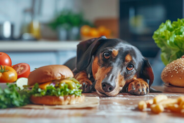 Dachshund lying on a kitchen counter with longing eyes at a homemade burger, epitomizing the temptation of food.