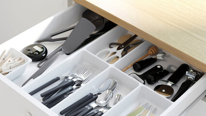 Closeup of drawer  filled with kitchen tools.