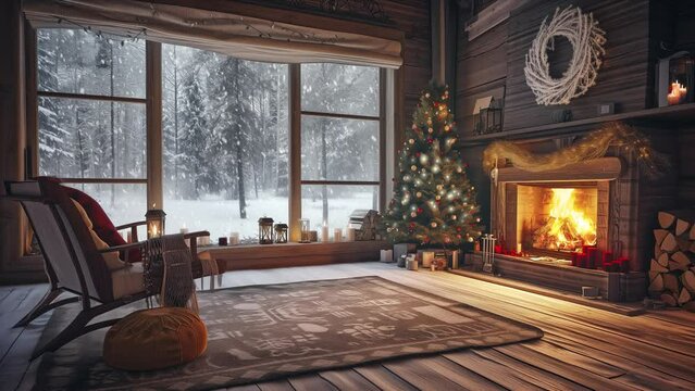Winter Cabin Interior with Cozy Fireplace, Looped footage